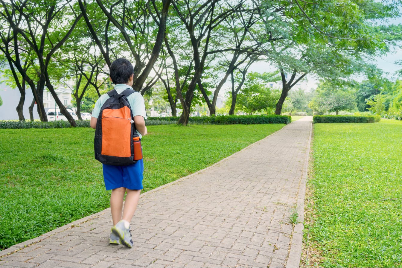 A boy walking to school on his own