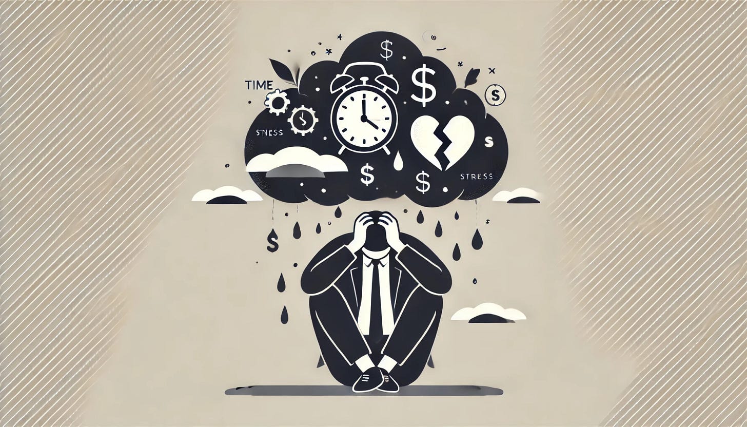 A simple HD horizontal illustration of mental burden. A person is shown with a heavy cloud above their head, filled with various symbols representing stress and anxiety (e.g., clock for time pressure, dollar sign for financial stress, broken heart for emotional distress). The person is sitting with their head in their hands, looking overwhelmed. The background is plain to keep the focus on the person and the burden they are carrying. The overall style is minimalist and monochromatic to emphasize the weight of mental burden.