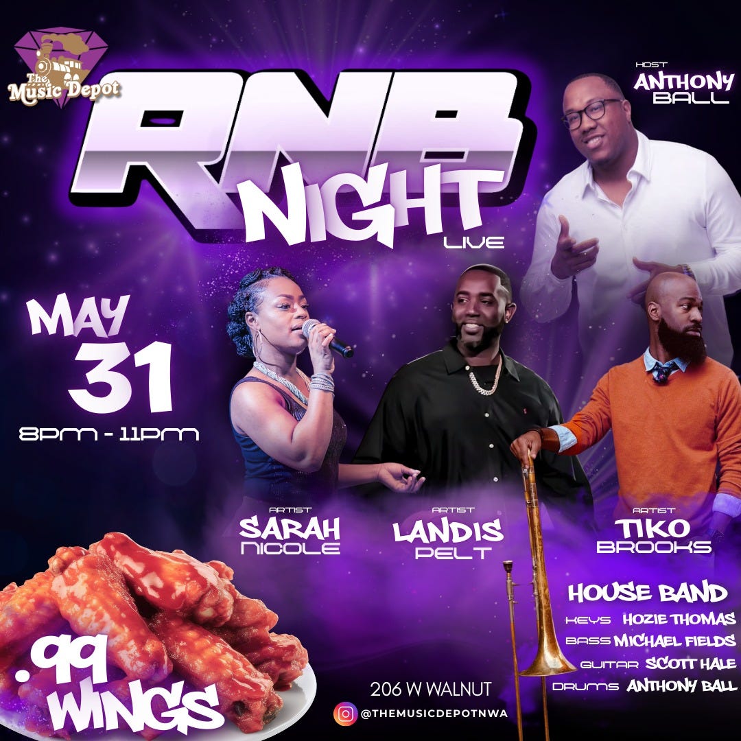 May be a graphic of ‎4 people, hookah and ‎text that says '‎HOS ANTHONY BALL 이전지 עני ชนู Music The sicDepot RNIGHT Depot NIGHT LIVE MAY 31 8pm-11Pm 8PM- 11PM SARAH NICOLE FETET LANDIS PELT PR ST tKO BROORS 99 WINGS HOUSE BAND HEUS HOZIE THOMAS BASS MICHAEL FIELDS EUITAR SCOTT HALE DRUMS ANTHONY BALL 206 206WWALNUT w WALNUT @THEMUSICDEPOTNWA‎'‎‎