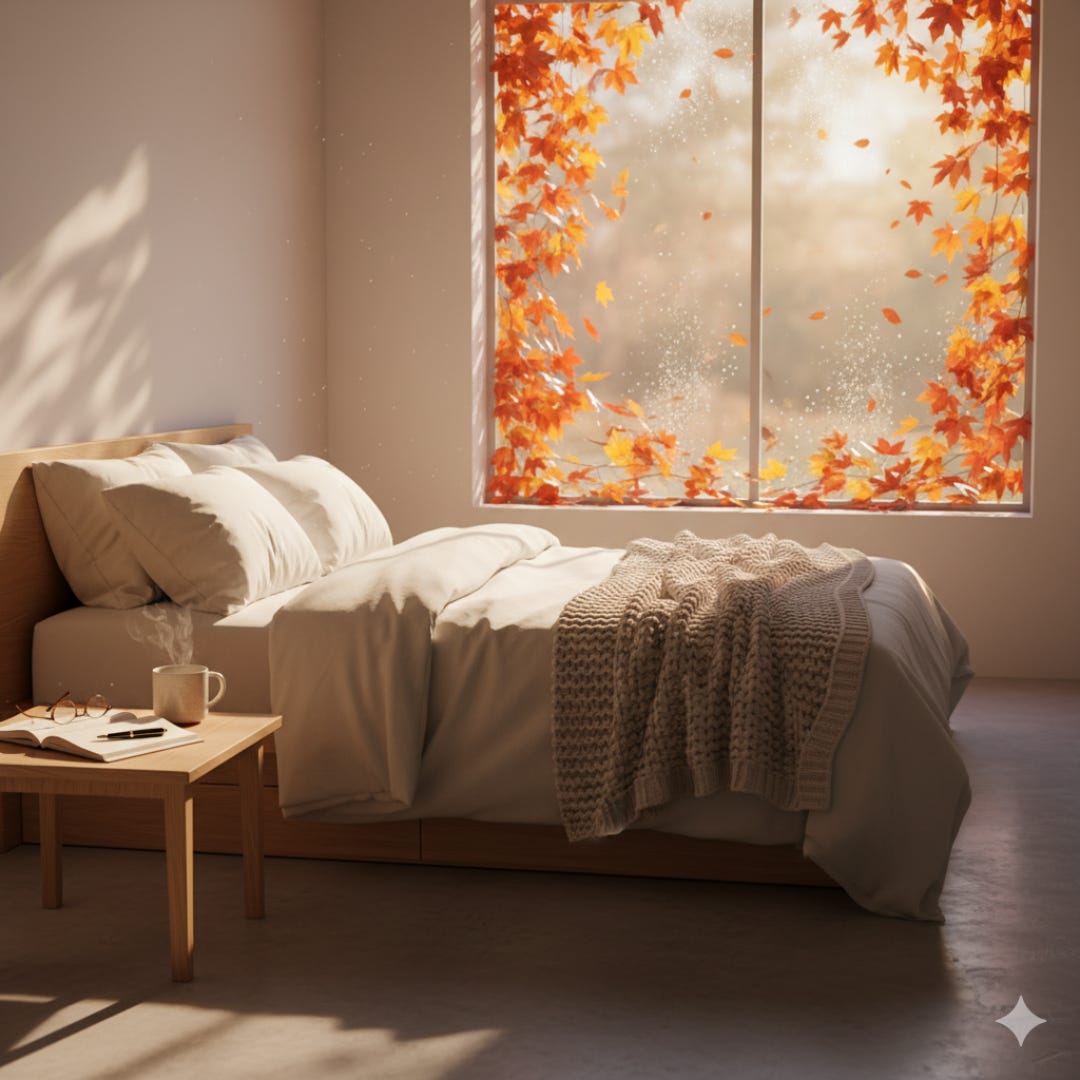 Warm autumn morning light over a tidy bedroom desk with tea, notebook, and soft fall leaves outside.