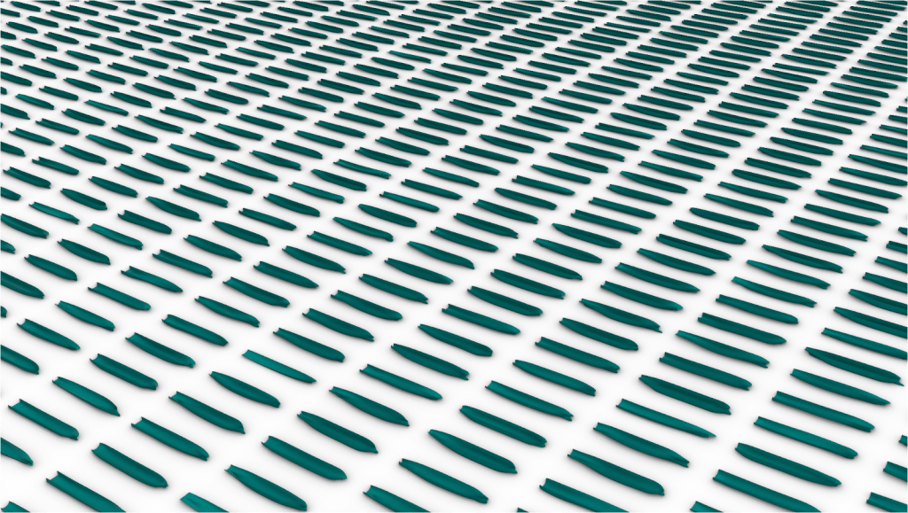 An abstract pattern of repeating teal shapes resembling elongated ovals arranged in rows on a white background.