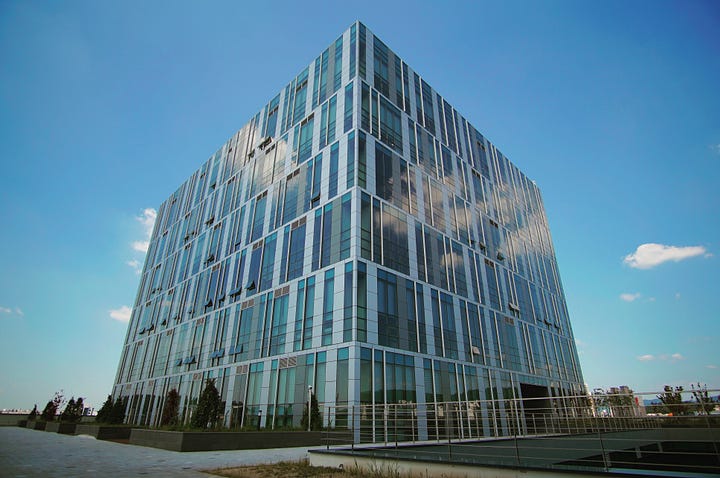 LEFT: A building in Korea that could be anywhere. RIGHT: The cultural frenzy over Succession.