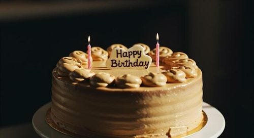Delicious caramel birthday cake with candles and a Happy Birthday sign photo Delicious caramel birthday cake with candles and a Happy Birthday sign photo