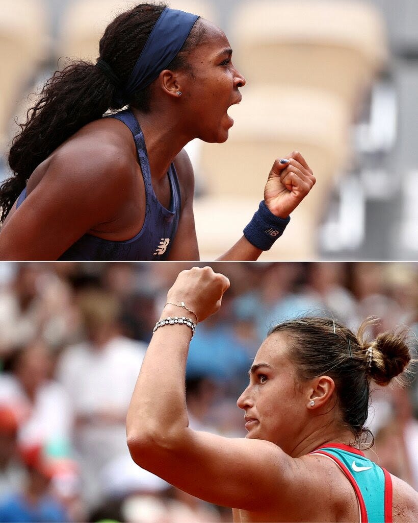 A vertical arrangement of two photos. The top one shows Coco Gauff dressed in dark blue, and the bottom shows Aryna Sabalenka. Both women are pumping their fists in celebration. 