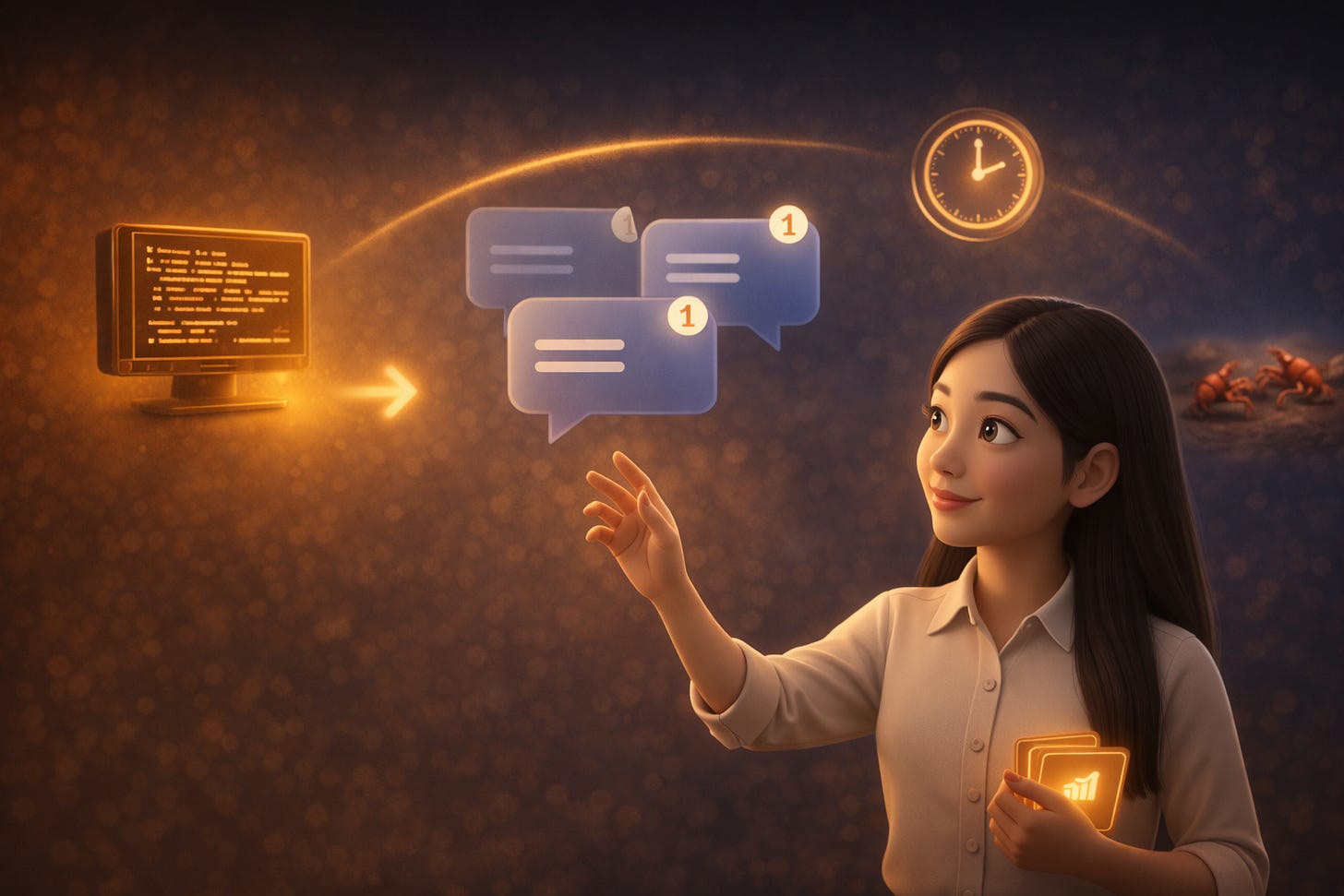 Pixar-style 3D illustration of Jenny Ouyang from Build to Launch sitting at a laptop with a glowing OpenClaw terminal on screen, a Telegram notification floating nearby, representing the complete autonomous agent loop from install to first message Pixar-style 3D illustration of Jenny Ouyang from Build to Launch sitting at a laptop with a glowing OpenClaw terminal on screen, a Telegram notification floating nearby, representing the complete autonomous agent loop from install to first message