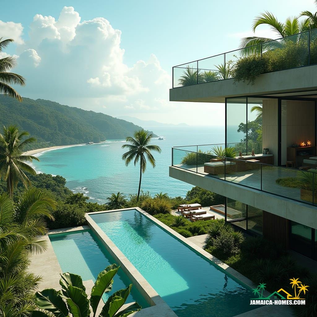 Modern development schemes in Jamaica near the coast and beaches feature sleek glass architecture, incorporating unique swimming pools both at ground level and on rooftops. These designs not only offer stunning views of the Caribbean Sea but also blend contemporary style with the tropical landscape, creating luxurious spaces that feel open and light.