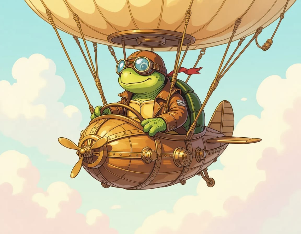 a cartoon turtle in an airship