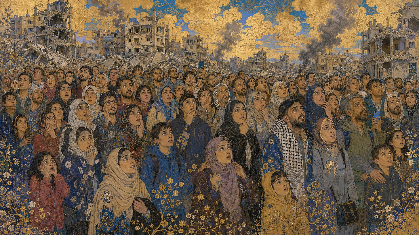 Ilustración de estilo miniatura árabe-persa que muestra a una multitud de árabes del siglo XXI — hombres, mujeres y niños — inmóviles, con los rostros marcados por el estupor y el desconcierto, ante un paisaje urbano devastado del cual se elevan columnas de humo.