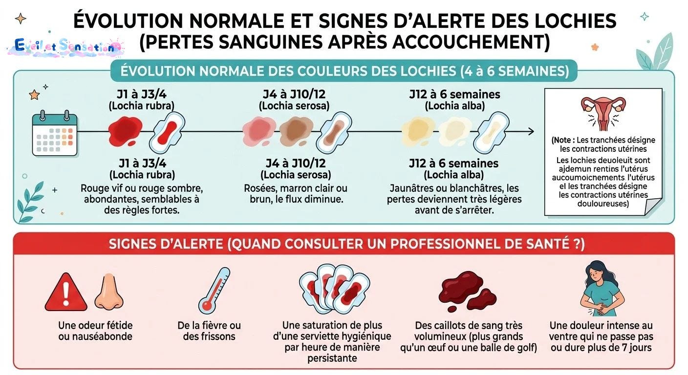 Infographie de l'évolution des lochies et signes d'alerte post-partum