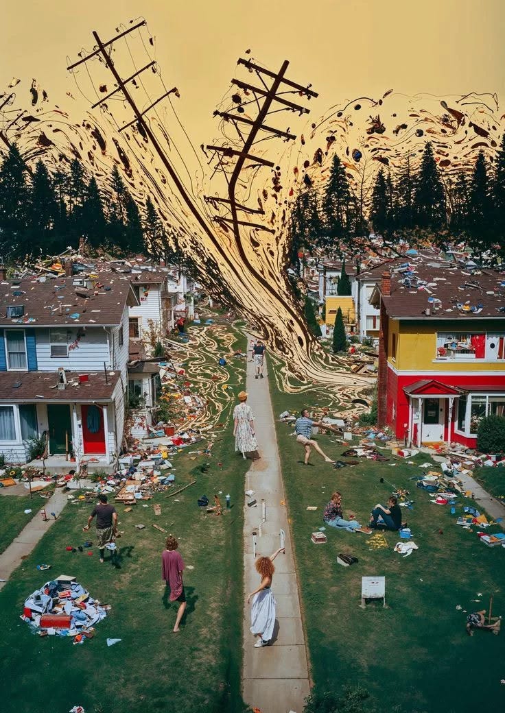 This may contain: an aerial view of people walking down a street in the middle of a neighborhood that is littered with garbage This may contain: an aerial view of people walking down a street in the middle of a neighborhood that is littered with garbage