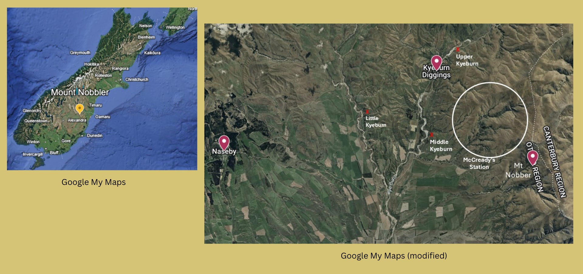 Slide shared during presentation featuring a satellite map of the area and its relative position on the South Island of New Zealand. See the full series in the Mt. Nobbler topic of Jane’s Kyeburn Diggings One Place Study publication