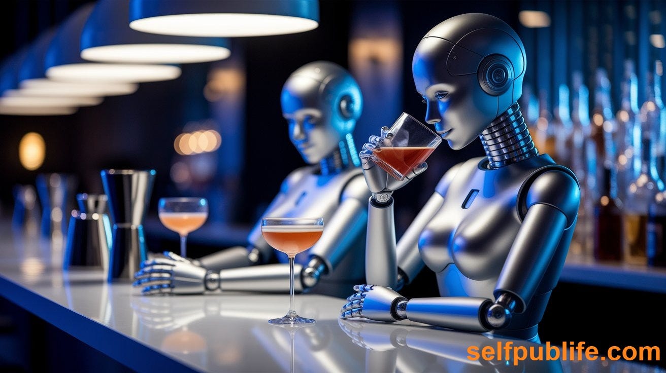 Two metallic androids sitting next to each other at a bar having drinks.