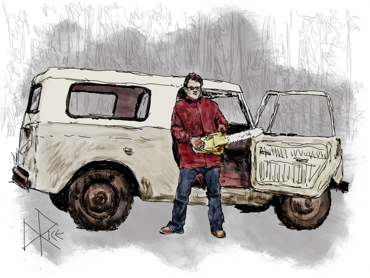 In front of the open passenger door of a 4-wheel drive truck, a man stands with a chainsaw in his hands. Sketch art by Don Rice.
