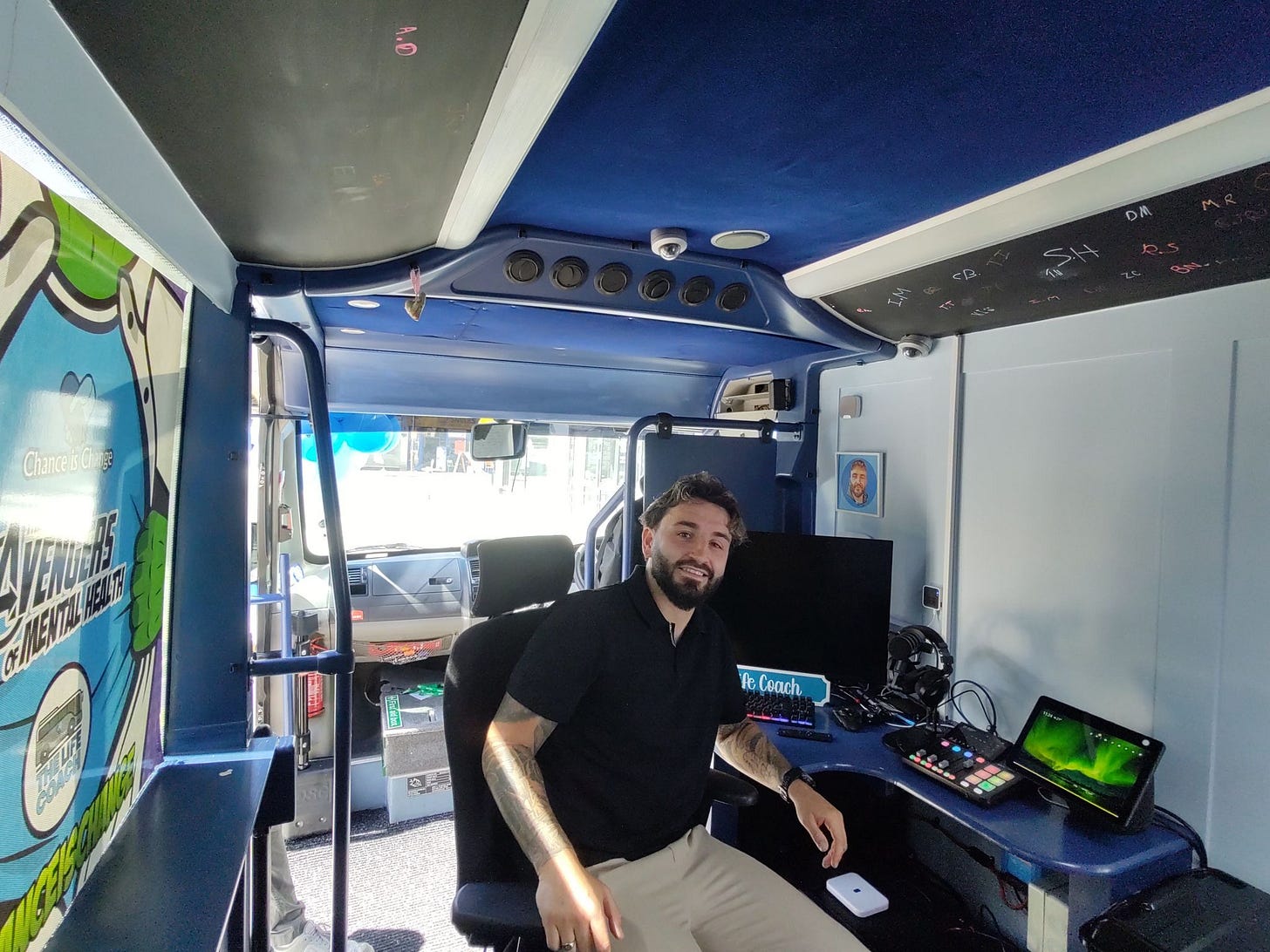 Tom Hoskins in the bus