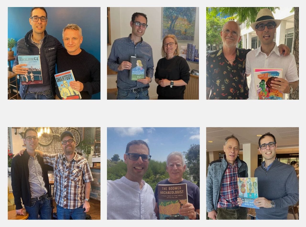 I got to meet some incredible comic creators in person this year for interviews. From left to right:  Top row: Eric Orner in London, Lena Wolf in Paddington, Graham Chaffee at Skirball Cultural Center, Los Angeles. Bottom row: JT Yost on the Upper West Side, New York City, Tom Levy in La Jolla, San Diego, Crispin Green at Royal Festival Hall, London.