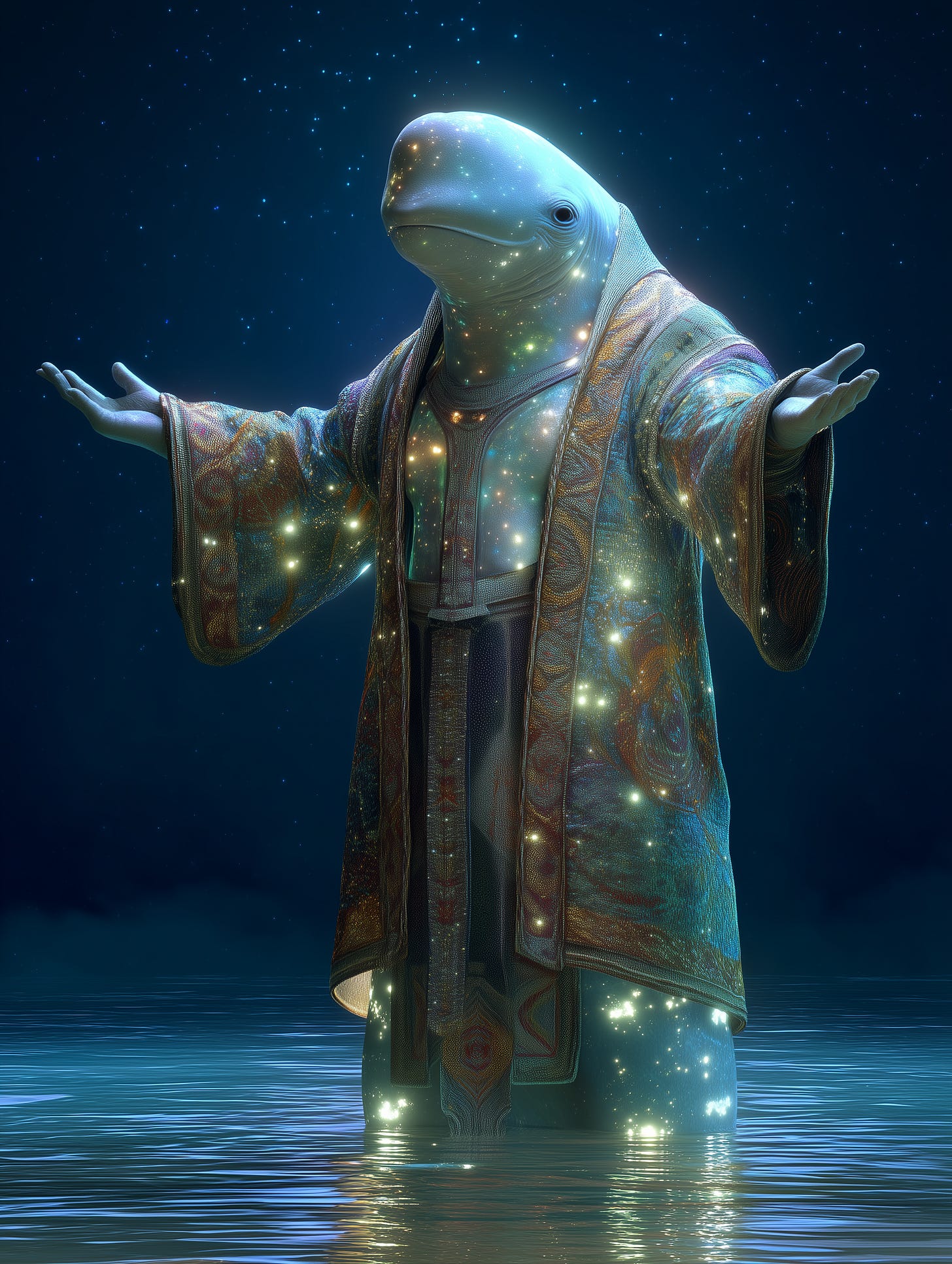A majestic beluga-like alien standing waist-deep in water under a starry sky, wearing ornate robes that shimmer with glowing bioluminescent patterns across its body and fabric. The figure’s arms are open in a welcoming gesture, blending cosmic light with ritual presence. A majestic beluga-like alien standing waist-deep in water under a starry sky, wearing ornate robes that shimmer with glowing bioluminescent patterns across its body and fabric. The figure’s arms are open in a welcoming gesture, blending cosmic light with ritual presence.