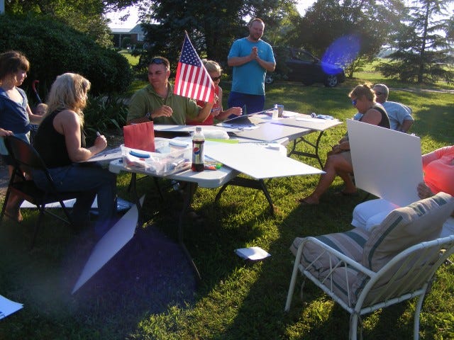 It was a sunny evening so we got to work outdoors, with hotdogs and hamburgers on the grill. No vegans need apply. It was a sunny evening so we got to work outdoors, with hotdogs and hamburgers on the grill. No vegans need apply.