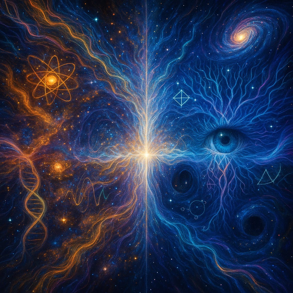 A vibrant cosmic artwork showing two mirrored halves—one with atoms, DNA, and galaxies, the other with neural networks, an eye, and geometric patterns—converging at a radiant centre of light that unites matter and mind.