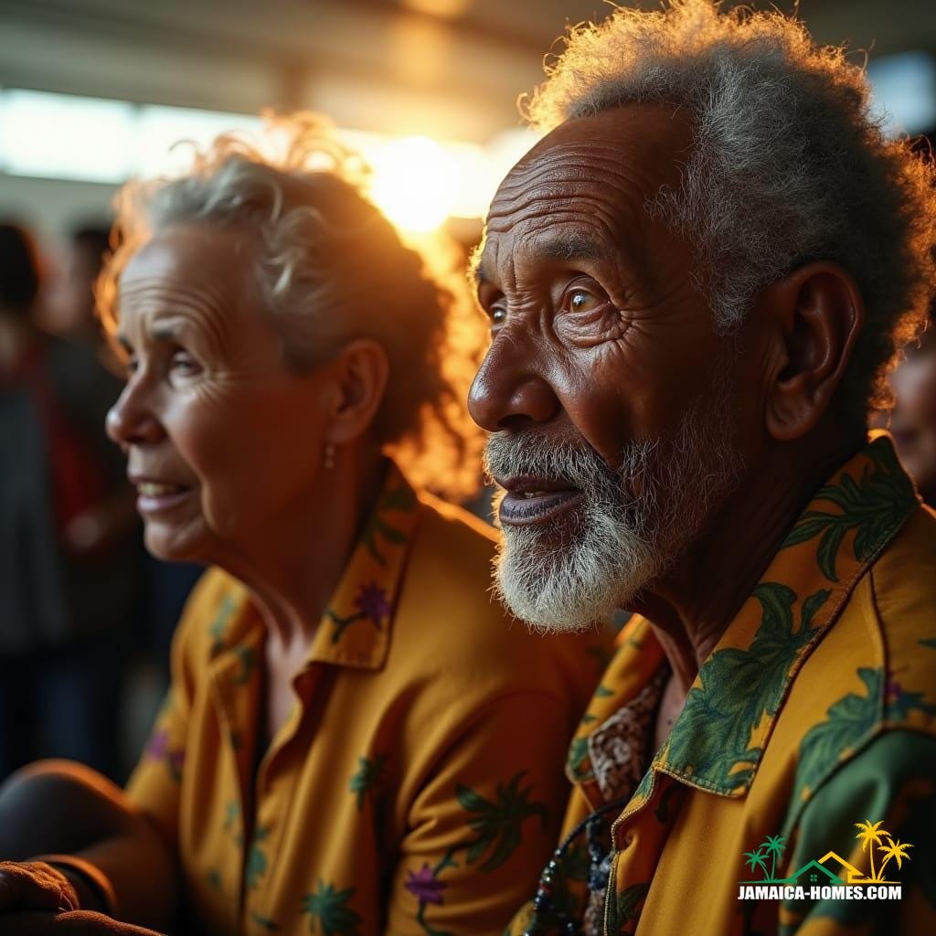 Warmly lit, intimate close-up of a deeply wrinkled, aged Jamaican couple, surrounded by the nostalgic chaos of a bustling airport, as they return to their homeland for the first time in decades, their faces etched with a mix of excitement, nostalgia, and wisdom. Soft, golden light dances across their weathered skin, as if infused with the warmth of the Jamaican sun, casting a gentle glow on their deeply lined faces. The couple's eyes, filled with a deep understanding, sparkle with a hint of moisture, as they hold hands, surrounded by the vibrant colors of their ancestral heritage. Warmly lit, intimate close-up of a deeply wrinkled, aged Jamaican couple, surrounded by the nostalgic chaos of a bustling airport, as they return to their homeland for the first time in decades, their faces etched with a mix of excitement, nostalgia, and wisdom. Soft, golden light dances across their weathered skin, as if infused with the warmth of the Jamaican sun, casting a gentle glow on their deeply lined faces. The couple's eyes, filled with a deep understanding, sparkle with a hint of moisture, as they hold hands, surrounded by the vibrant colors of their ancestral heritage.