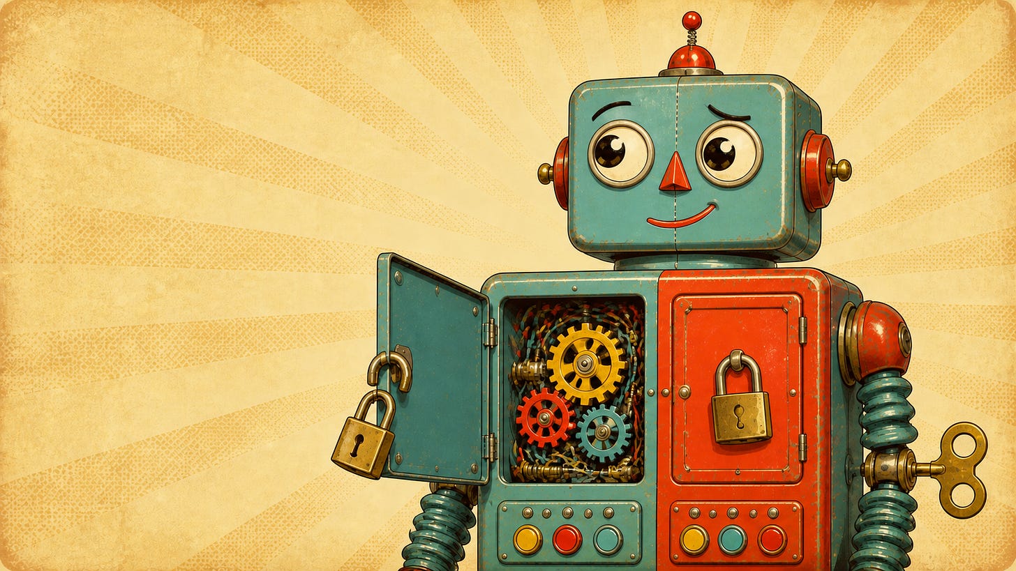 A robot with a body that is half open and half locked shut depicting the choice between open and closed weights ai models