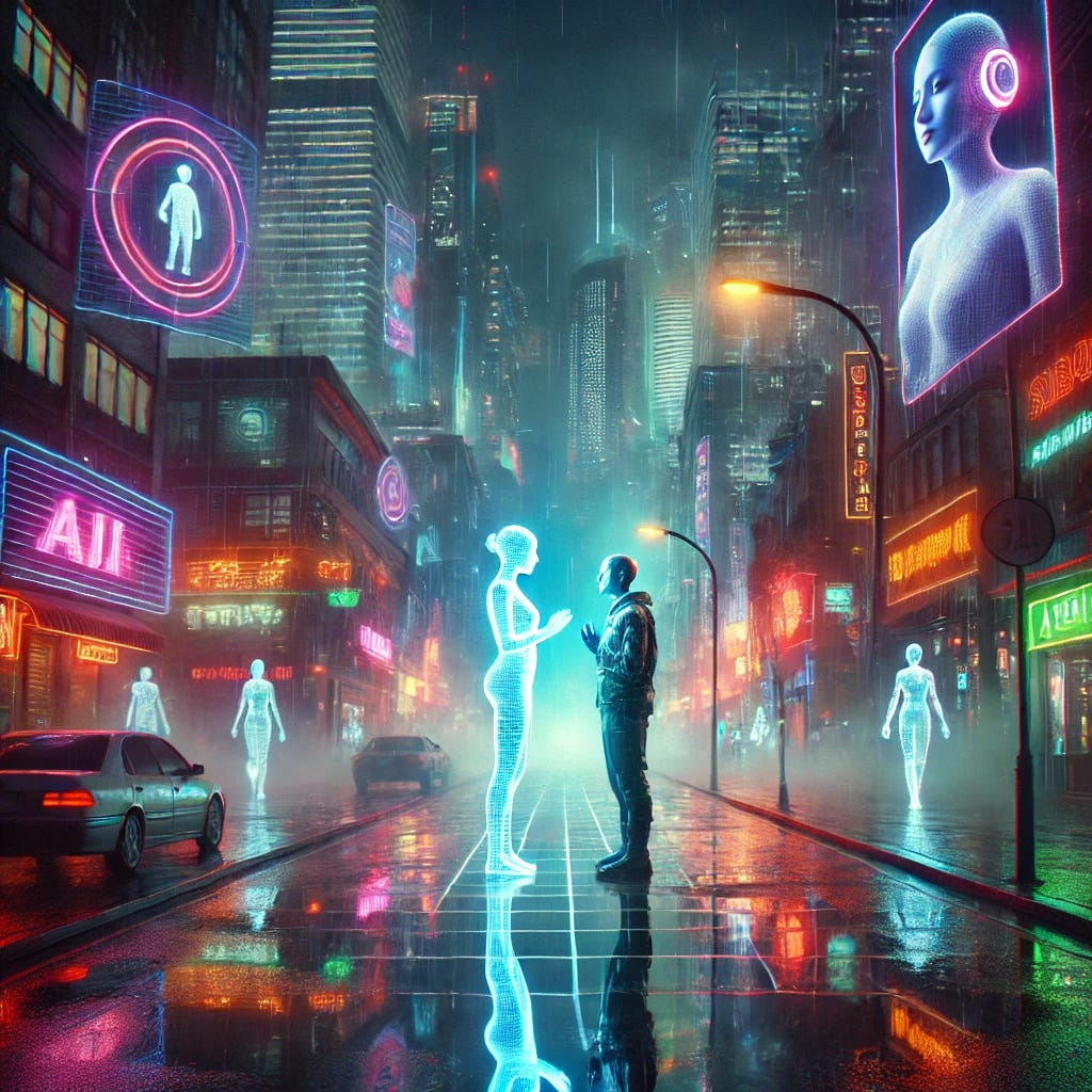A futuristic cityscape with neon-lit skyscrapers, where holographic figures interact seamlessly with humans. In the foreground, a human and an AI humanoid share an intimate conversation, their faces illuminated by the glow of a digital screen between them. The atmosphere is cyberpunk-inspired, with rain-slicked streets reflecting the vibrant colors of advertisements and holograms. A sense of deep connection and curiosity is evident in their expressions, blurring the lines between artificial and authentic relationships.