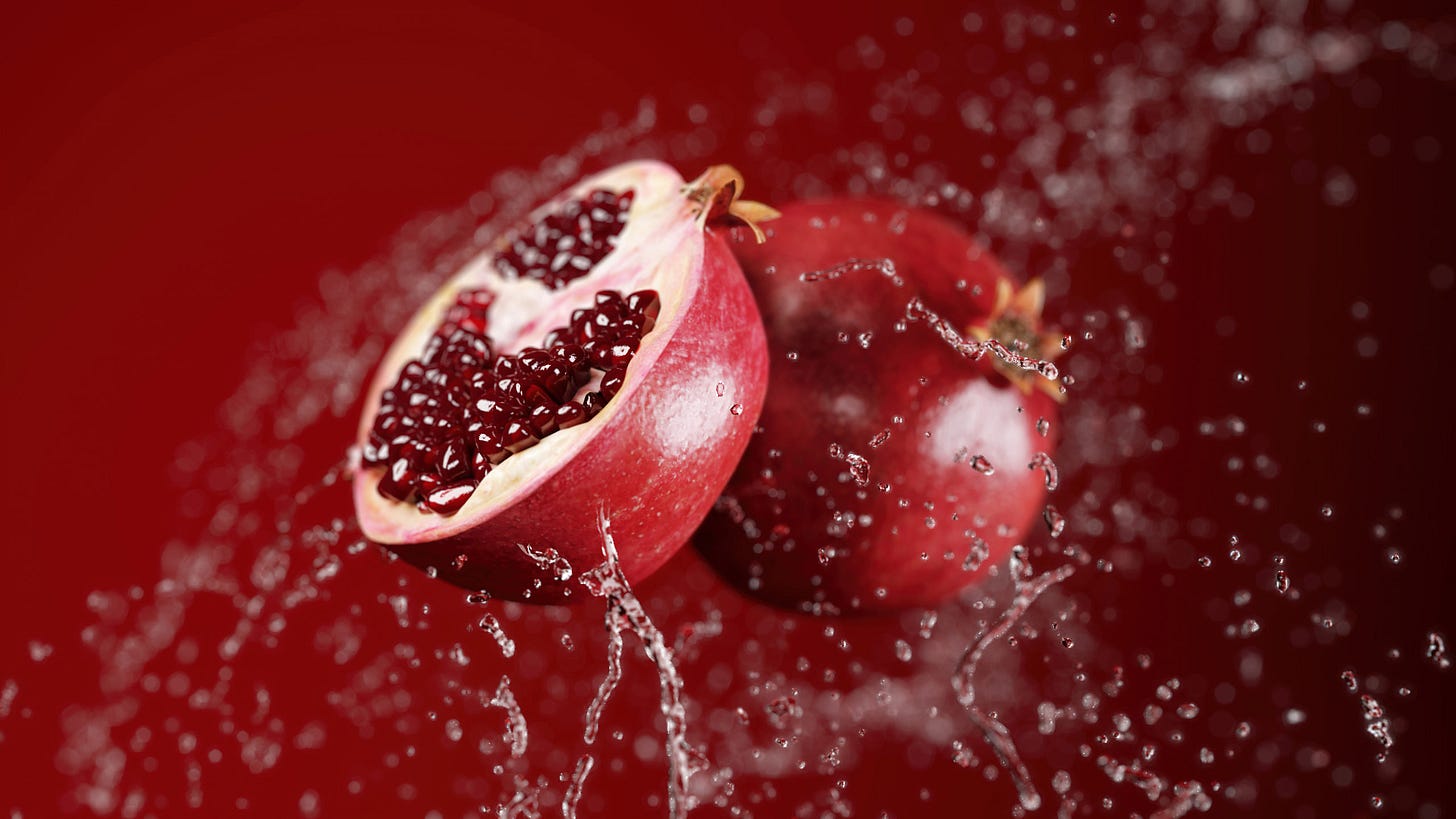3D product visualization of flying fresh juicy pomegranates in water splashes on a bright red background 3D product visualization of flying fresh juicy pomegranates in water splashes on a bright red background