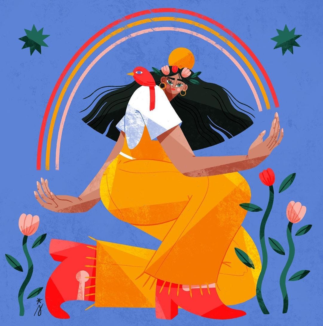 Illustration d'une femme sur fond bleu, portant une salopette jaune, elle est de côté, un oiseau rouge sur l'épaule et un arc en ciel au dessus d'elle. Illustration d'une femme sur fond bleu, portant une salopette jaune, elle est de côté, un oiseau rouge sur l'épaule et un arc en ciel au dessus d'elle.