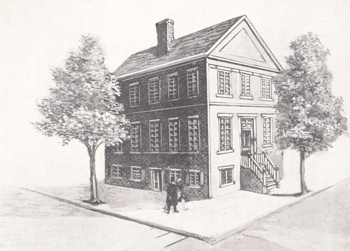 black and white sketch of federal style building