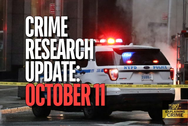 "Crime Research Update: October 11" appears in the foreground. In the background, a police cruiser sits with its roof lights on, behind yellow tape.