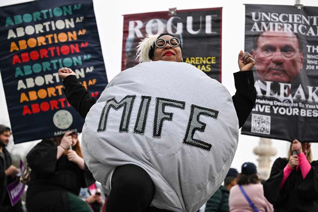 A woman dressed as a mifepristone pill is at rally outside the US Supreme Court on April 2, 2025. A woman dressed as a mifepristone pill is at rally outside the US Supreme Court on April 2, 2025.