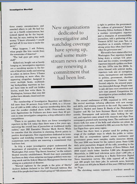 American Journalism Review published an in-depth story in 2010 titled “Investigative Shortfall” showing the alarming decline in investigative reporting and how investigative nonprofits could emerge to fill that void. Click on each image to read the page. (Mc Nelly Torres | Don’t Forget My Voice)