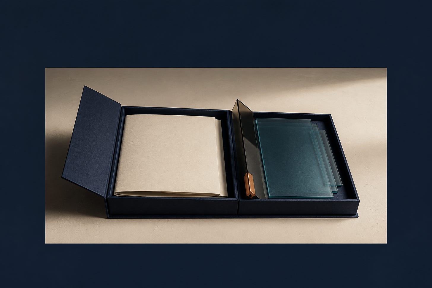 An open navy folio holds folded paper and translucent teal sheets in separate compartments.