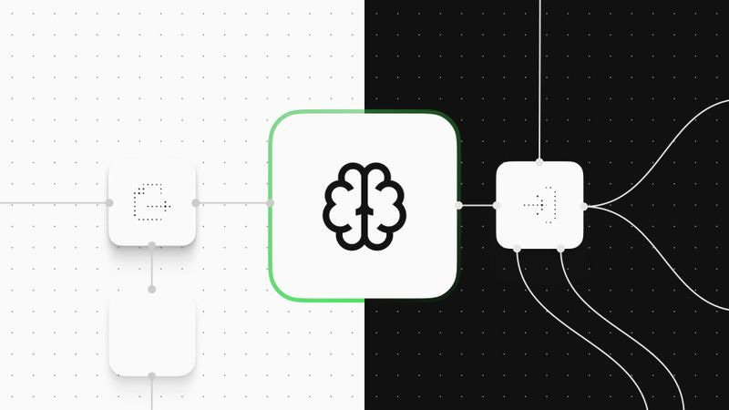 n8n workflow canvas with a central AI brain node connected to workflow steps