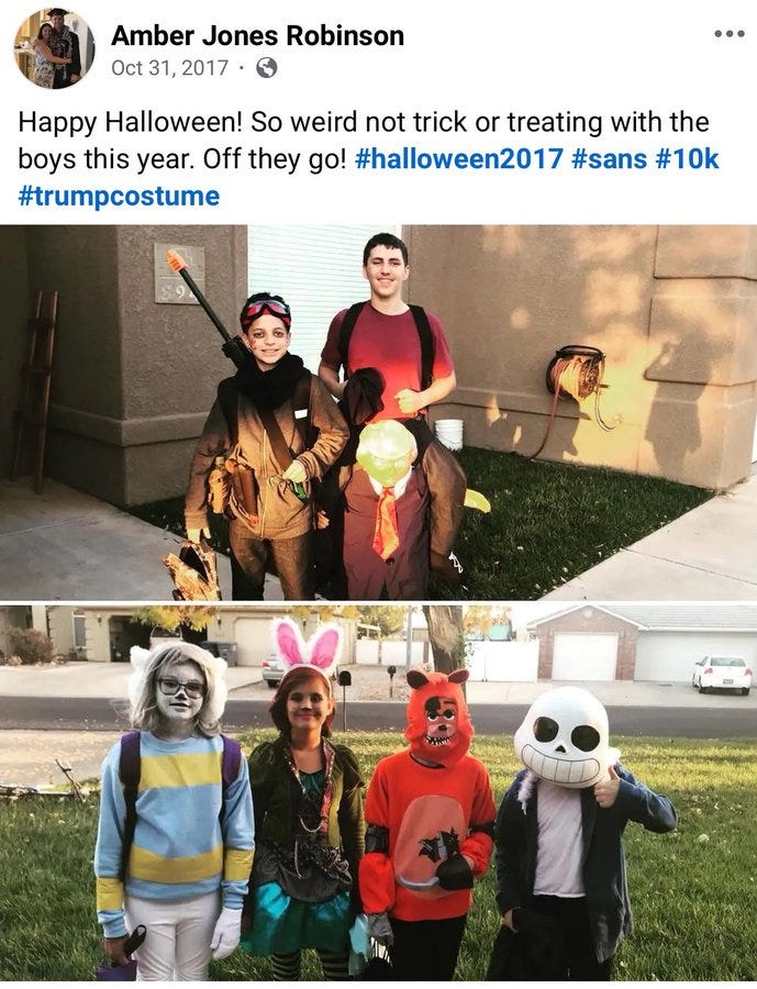 Three images of people in Halloween costumes. The top image shows three individuals, one wearing a Trump costume with a suit, tie, and blonde hair, another in a brown outfit with goggles, and a third in a red shirt with suspenders. The bottom image depicts four people in colorful costumes, including one in a striped sweater, another in a green outfit with bunny ears, a third in a red animal suit, and a fourth with a skull mask. No platform watermarks are visible.