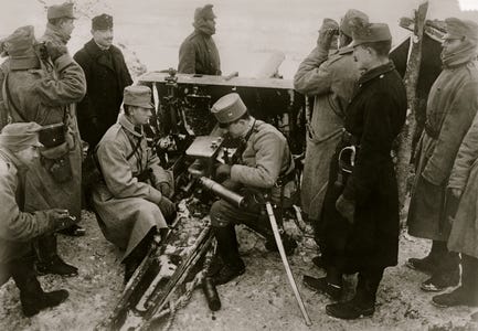 Image of WWI: ARTILLERY, c.1914 Austrian artillery soldiers in Bukovina,  Austria-Hungary. Photograph,