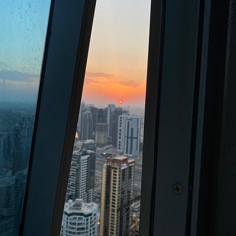 The images show views from high rises in Dubai, palm trees, tall buildings and concrete structures.