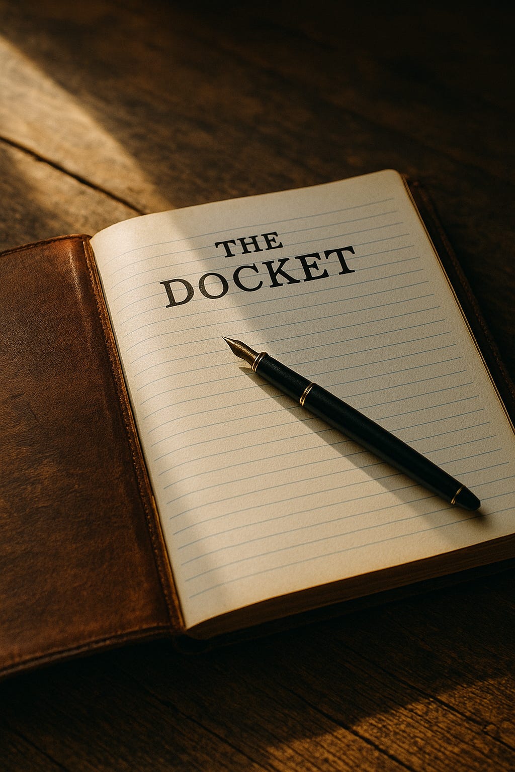 An open ledger on a table lit by sunlight, symbolizing The Docket — the people’s record of accountability and truth.