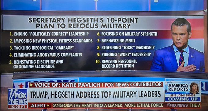 A television screen displaying a list titled "Secretary Hegseth\'s 10-Point Plan to Refocus the Military." The list includes 10 points: 1. Ending "politically correct" leadership, 2. Imposing new physical fitness standards, 3. Tackling ideological "garbage," 4. Eliminating anonymous complaints, 5. Reinstituting discipline and grooming standards, 6. Focusing on military strength, 7. Emphasizing merit, 8. Redefining toxic leadership, 9. Purging "woke" leadership, 10. Revising personnel. A man in a blue suit and red tie is visible on the right side of the screen. The Fox News logo and text overlays, including "Voice of Katie Pavlich Fox News Contributor" and "America Reports," are present. A television screen displaying a list titled "Secretary Hegseth\'s 10-Point Plan to Refocus the Military." The list includes 10 points: 1. Ending "politically correct" leadership, 2. Imposing new physical fitness standards, 3. Tackling ideological "garbage," 4. Eliminating anonymous complaints, 5. Reinstituting discipline and grooming standards, 6. Focusing on military strength, 7. Emphasizing merit, 8. Redefining toxic leadership, 9. Purging "woke" leadership, 10. Revising personnel. A man in a blue suit and red tie is visible on the right side of the screen. The Fox News logo and text overlays, including "Voice of Katie Pavlich Fox News Contributor" and "America Reports," are present.