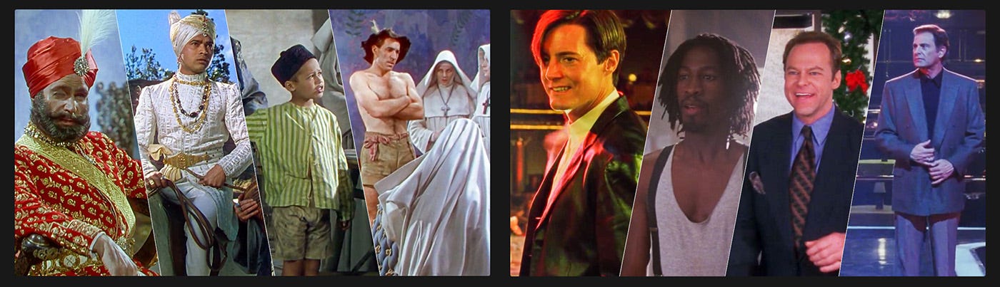 Composite image of male characters from Black Narcissus and Showgirls, including Mr. Dean, Zack Carey, and others—all peripheral to the female leads’ arcs.