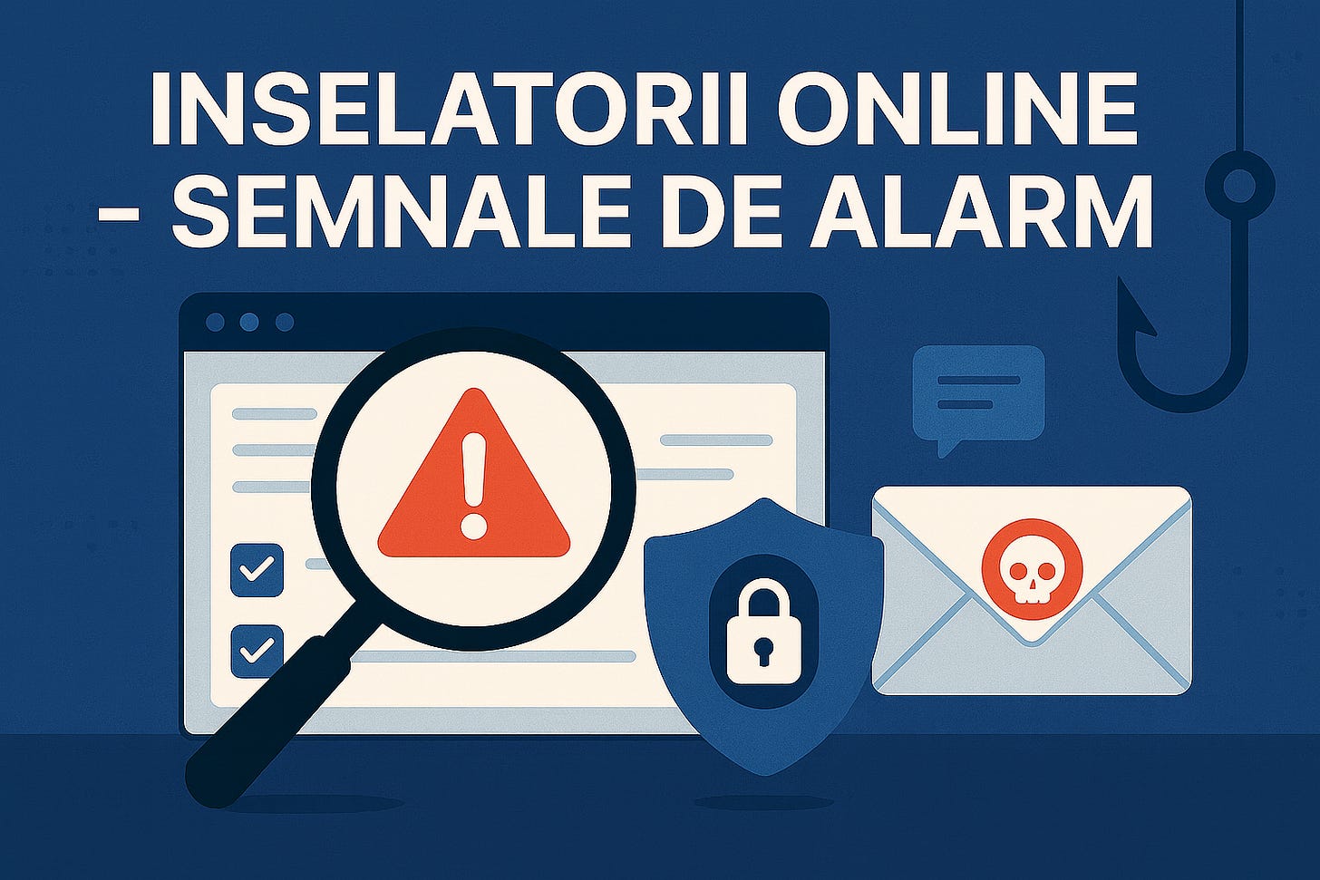Infografic vectorial flat 16 : 9, gradient albastru-închis; titlul alb «INSELATORII ONLINE – SEMNALE DE ALARMA». În centru, o pagină web peste care o lupă mărește un triunghi roșu de avertizare; în dreapta un cârlig de phishing, un plic cu sigiliu craniu și un scut cu lacăt, toate în stil minimal, contrast puternic, vibe de precauție.