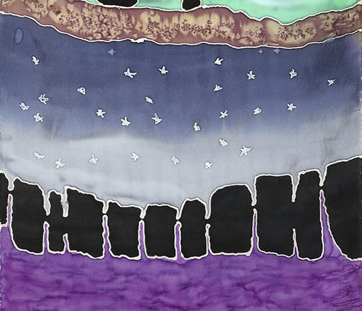 Hand-painted blue cave ceiling on silk with white star-like marks depicting underground cavern depths Hand-painted blue cave ceiling on silk with white star-like marks depicting underground cavern depths