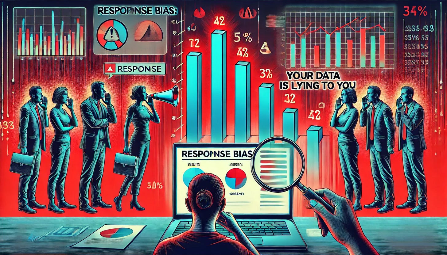 A conceptual digital illustration titled 'Response Bias: Your Data Is Lying to You.' The image features a distorted bar chart where the numbers don’t match reality, symbolizing misleading data. A researcher or analyst looks puzzled as their laptop screen displays conflicting results. In the background, shadowy figures whispering in the ears of survey respondents represent external influence. A magnifying glass reveals hidden distortions in the data, emphasizing deception. The color scheme includes red warning tones and glitch effects to highlight the idea of misinformation.