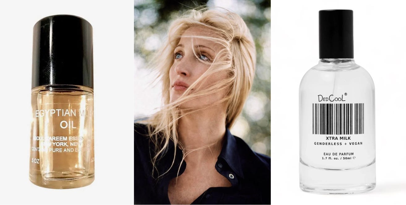 A minimalist bottle of Dedcool Xtra Milk, a modern musk and amber fragrance that serves as a contemporary alternative to classic Egyptian Musk oil.