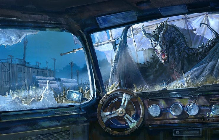 View from a car's shattered window shows a fierce dragon, wings spread, in a grassy, industrial setting. Blue tones create a tense mood. View from a car's shattered window shows a fierce dragon, wings spread, in a grassy, industrial setting. Blue tones create a tense mood.