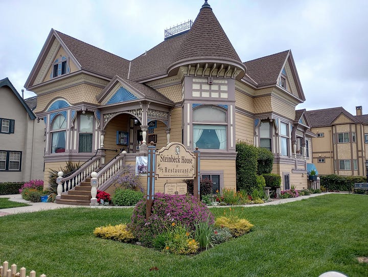 Victorian two-story house with gables and turrets today, and in old photo