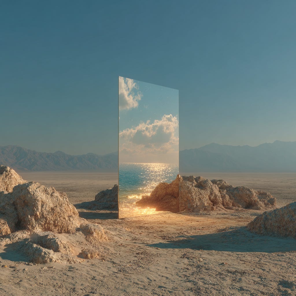 A surreal, high-resolution image symbolizing artificial intelligence hallucinations and dual realities. Set in a barren desert with rocky outcrops under a clear blue sky, the centerpiece is a large vertical mirror or portal reflecting a serene ocean view bathed in golden sunset light, complete with clouds and sparkling waves. The mirror creates a striking visual contrast between the arid desert landscape and the illusion of a vibrant seascape, symbolizing how generative AI models like large language models (LLMs) can convincingly fabricate alternate realities. This image metaphorically represents the theme of today’s article on AI hallucinations, trust in machine-generated content, and Anthropic’s Responsible Scaling Policy for Opus 4—emphasizing the need for safeguards and transparency in advanced AI systems to prevent misinformation and ensure responsible use.