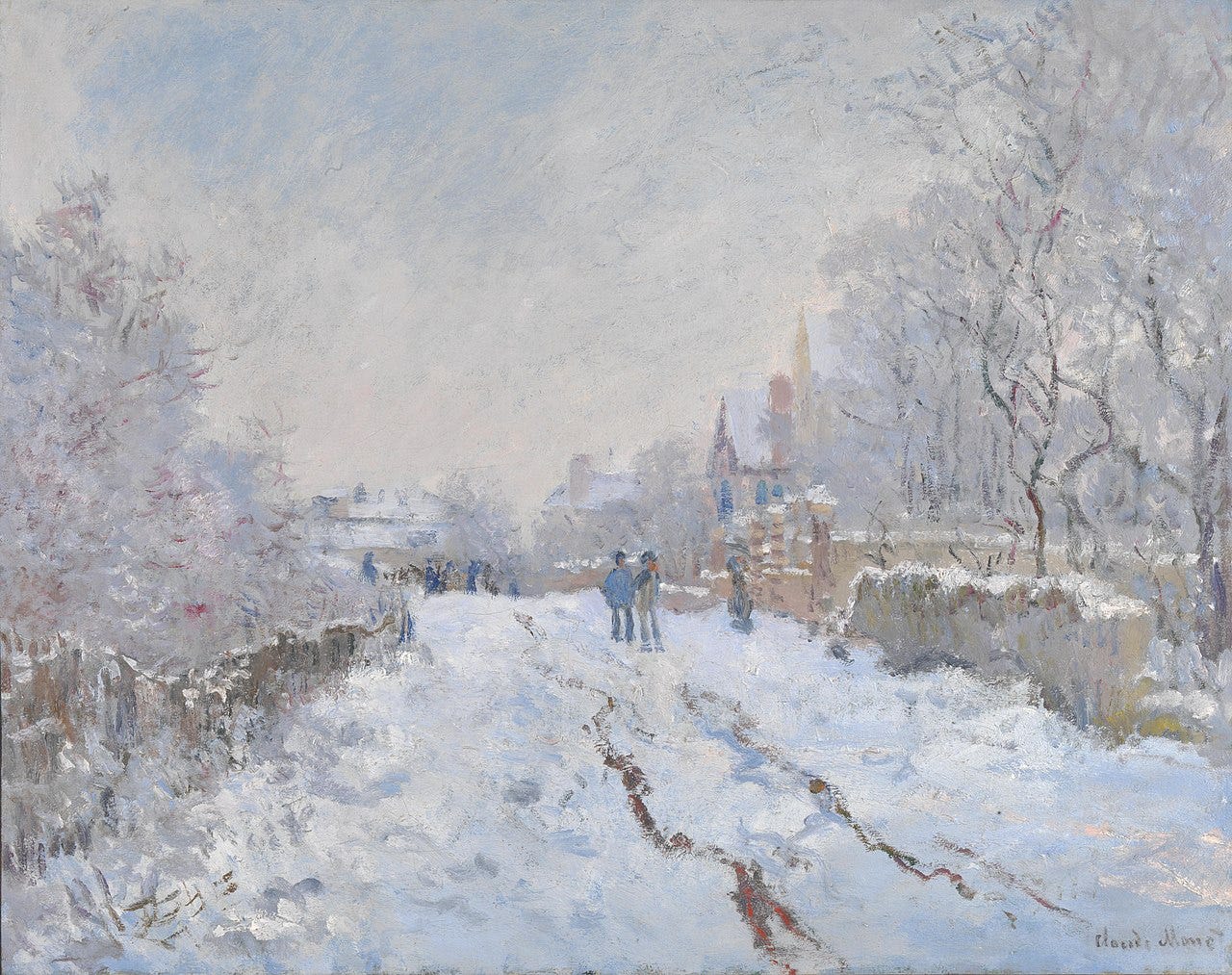 A snowy suburban street with figures under umbrellas as snow keeps falling from a grey sky A snowy suburban street with figures under umbrellas as snow keeps falling from a grey sky