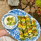 Grilled Salmon & Summer Vegetable Skewers with Garlic-Sherry Yogurt Sauce