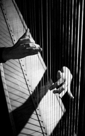 This may contain: two hands are playing the harp together