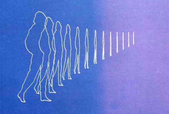 This may contain: an image of people standing in line on a blue and white background with lines drawn across them
